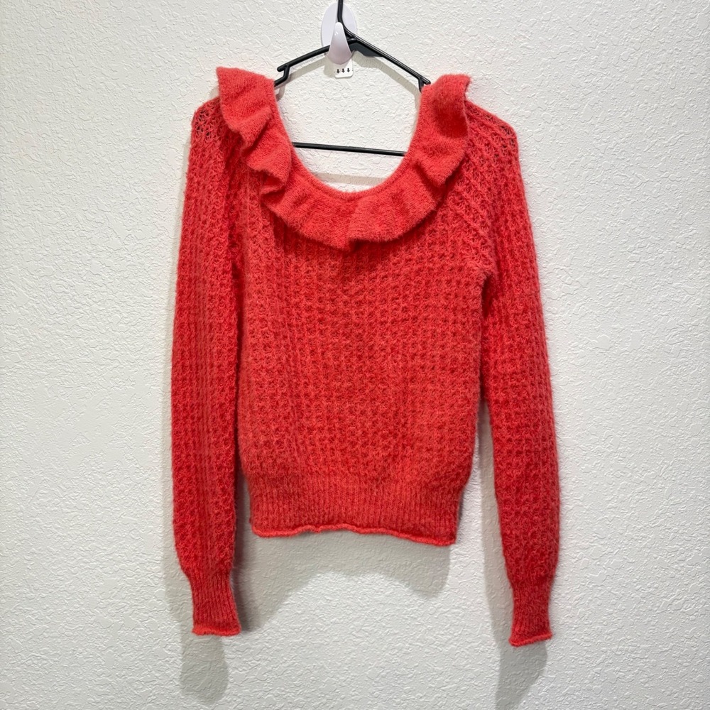 Anthropologie Women Ruffle Boat Neck Fuzzy Knit Sweater Coral Cottagecore Small - Picture 4 of 6